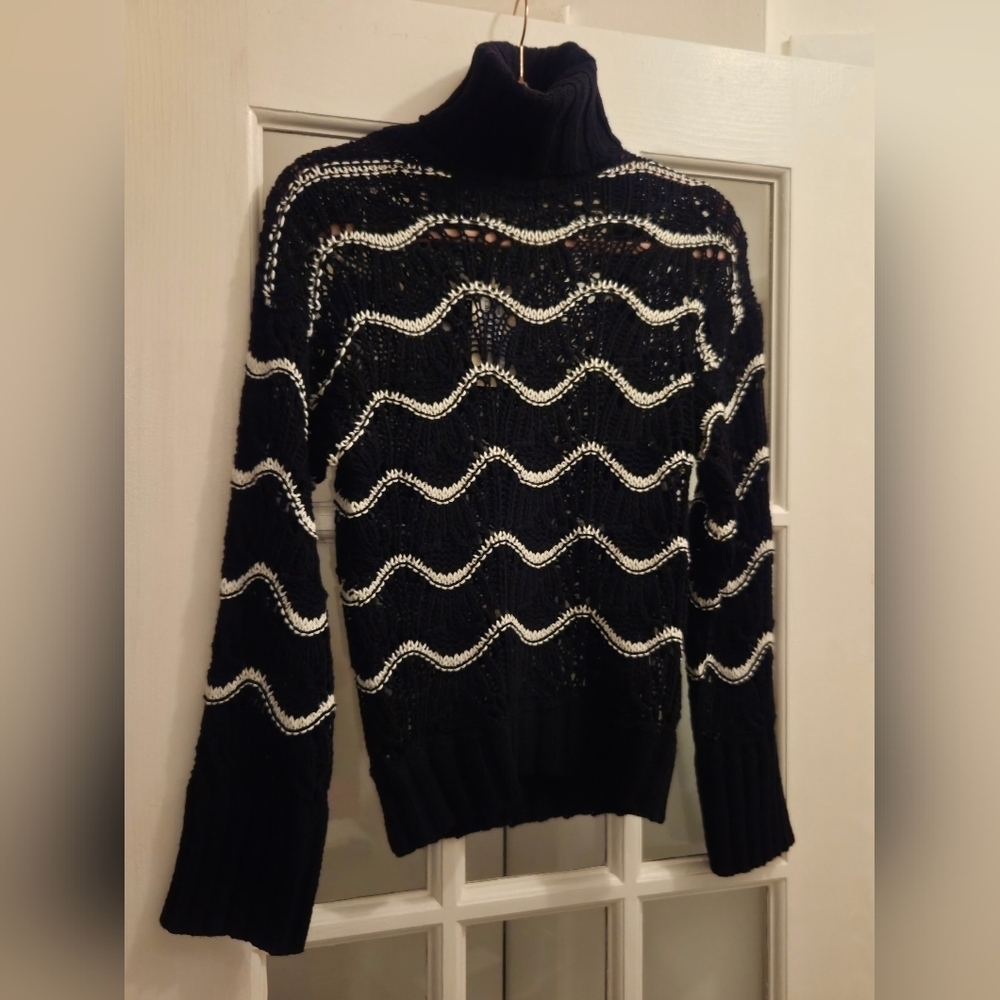 Ramy Brook Black & White Skye Sweater  Wavy Turtleneck With Stunning Bell Wrists